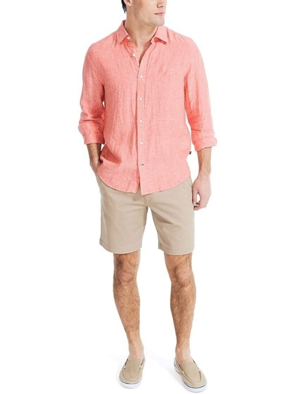 $65 NAUTICA Men's Classic Fit Solid Linen Button Down Shirt Casual Coral Pink XL